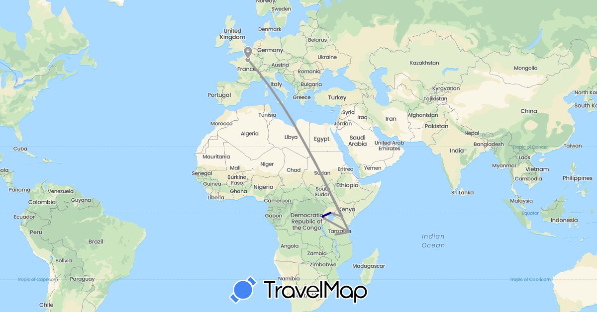 TravelMap itinerary: driving, plane in France, Kenya, Rwanda, Tanzania, Uganda (Africa, Europe)